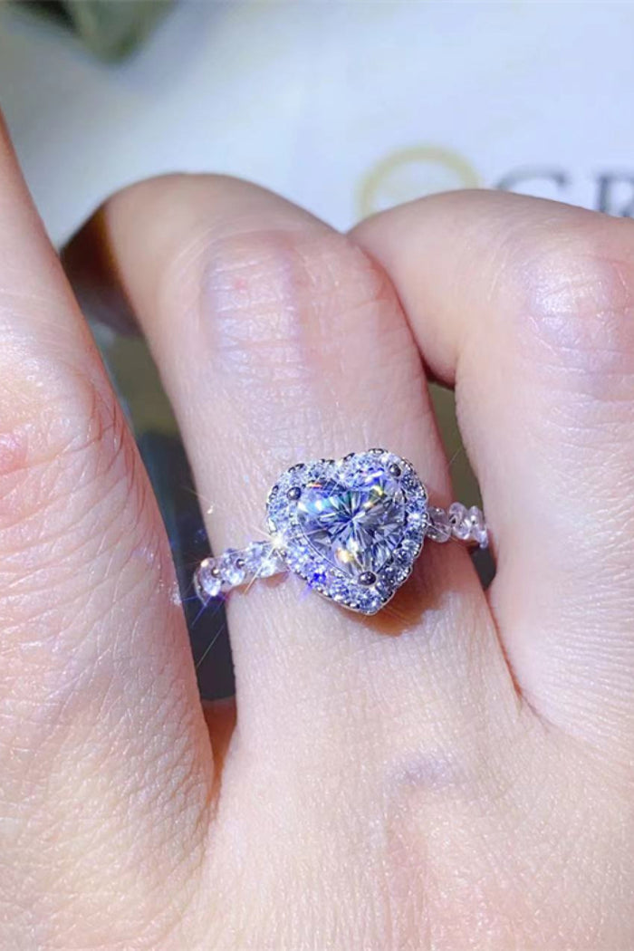 1 Carat Heart-Cut Moissanite Halo Ring | Sterling Silver Pavé Band