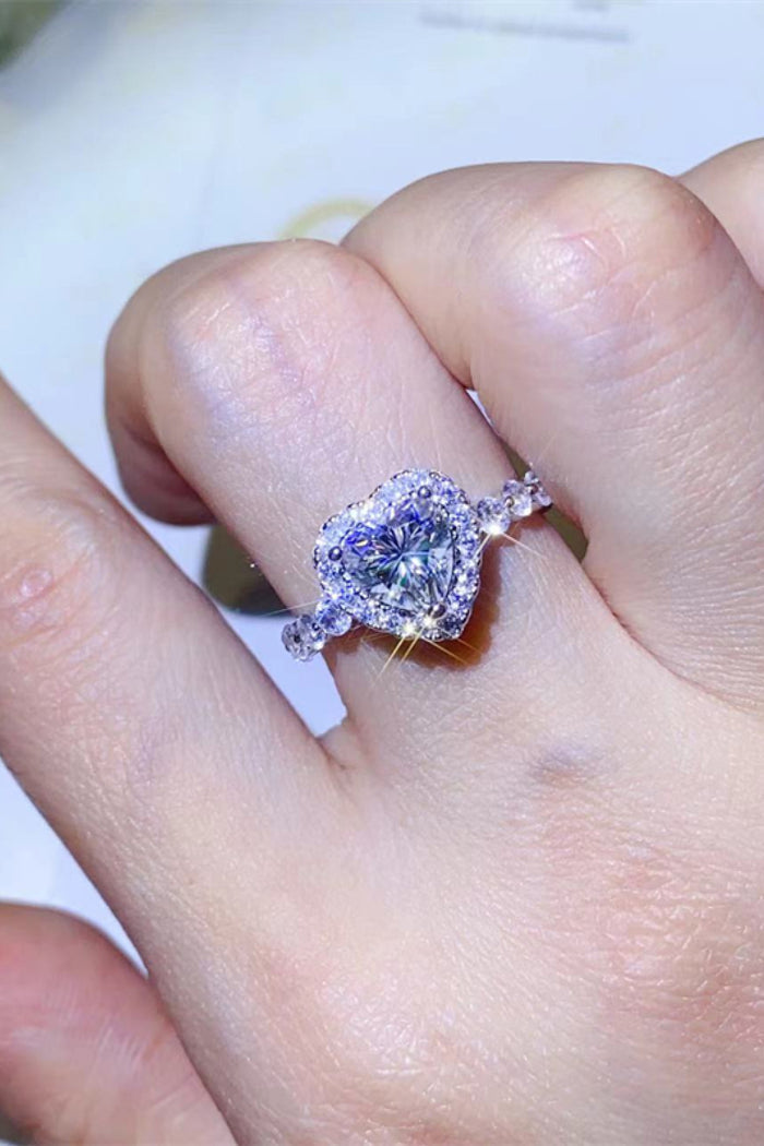 1 Carat Heart-Cut Moissanite Halo Ring | Sterling Silver Pavé Band