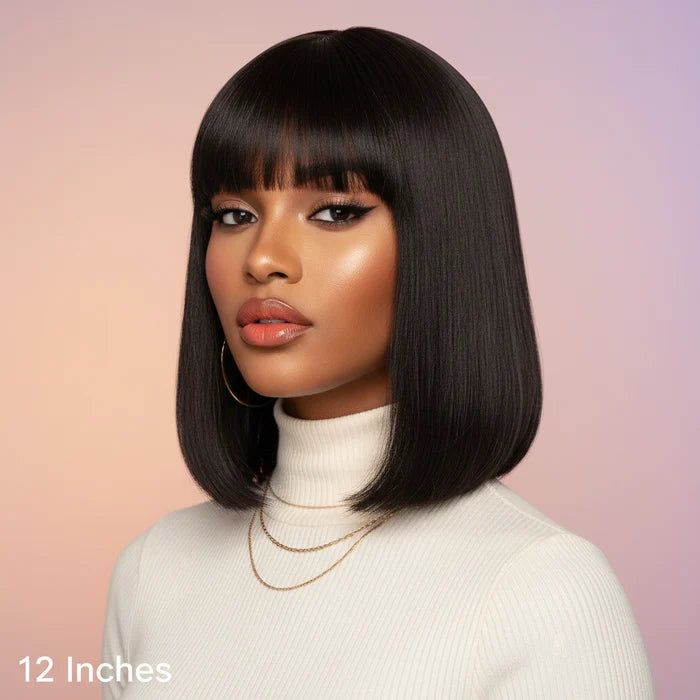 12 Inch Realistic Yaki Straight Bob With Bangs 2x1 Minimalist Lace Wig 150% Density