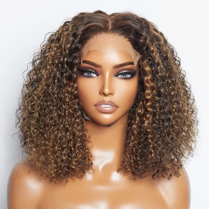 14 Inch P4/27 Kinky Curly 5x5 Lace Closure Wig | Honey Highlight 150% Density