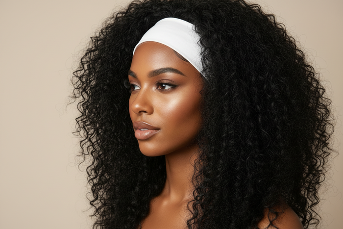 display image of woman wearing 22 inch #1B Natural Black Messy Curly Half Wig 180% Density