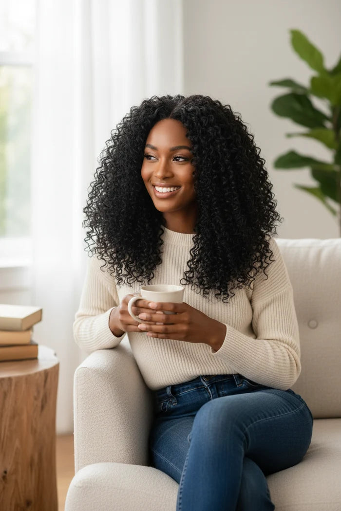 #1B Natural Black Messy Curly Half Wig 180% Density