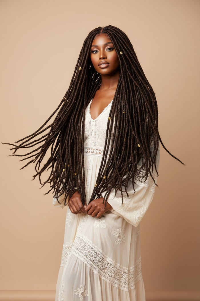 model display of woman wearing 30 Inches 4x4 Boho Goddess Faux Locs Lace Closure Wigs 200% Density