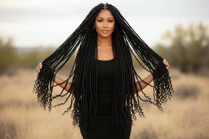 display of woman wearing 30 Inches 4x4 Boho Goddess Faux Locs Lace Closure Wigs 200% Density
