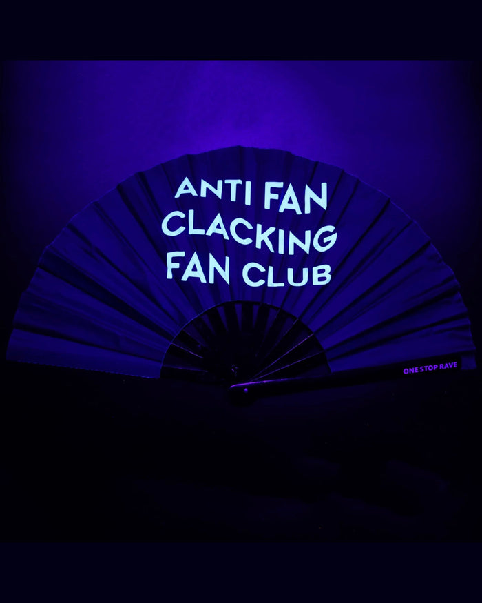 Anti Fan Clacking Fan Club hand fan glowing white under blacklight UV-Reactive