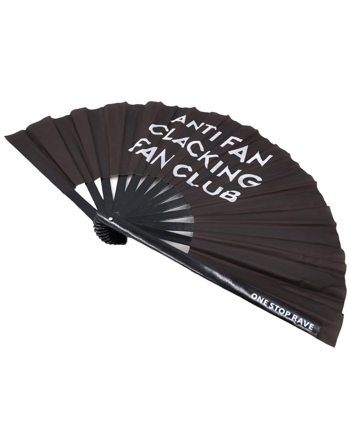 Anti Fan Clacking Fan Club hand fan angled view black white