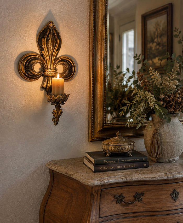 Antique Gold Fleur-de-Lis Wall Candle Sconce