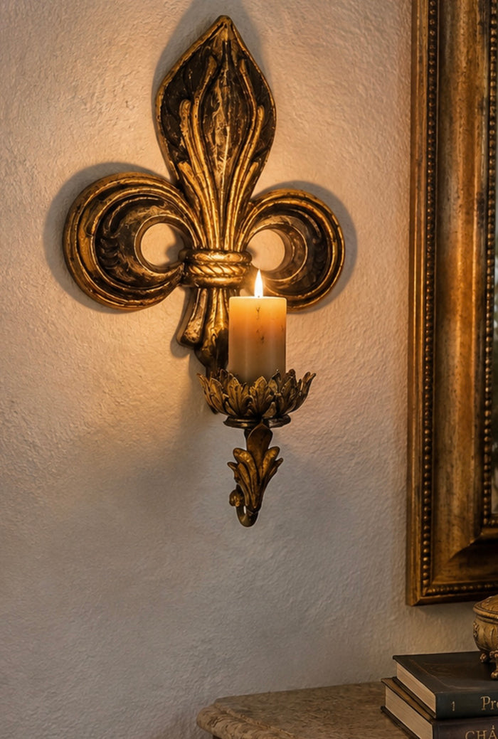 Antique Gold Fleur-de-Lis Wall Candle Sconce