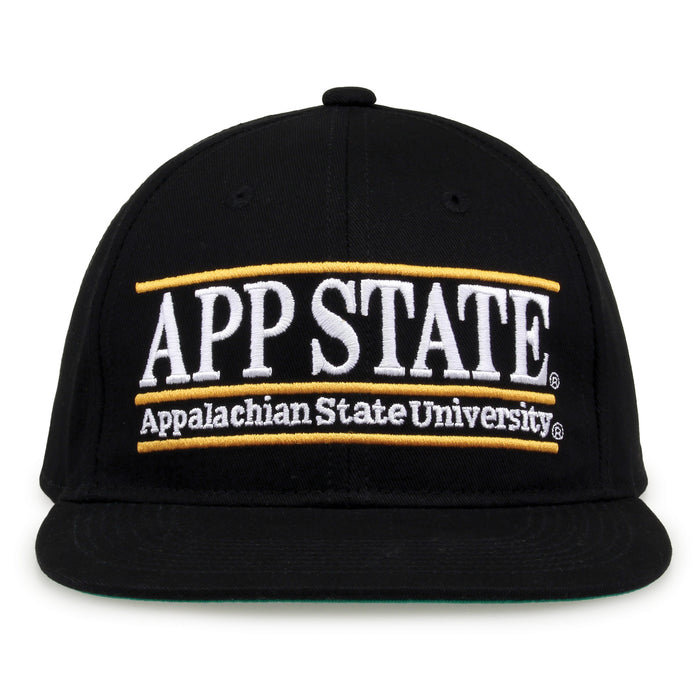 App State Retro Bar snapback hat in black, front view
