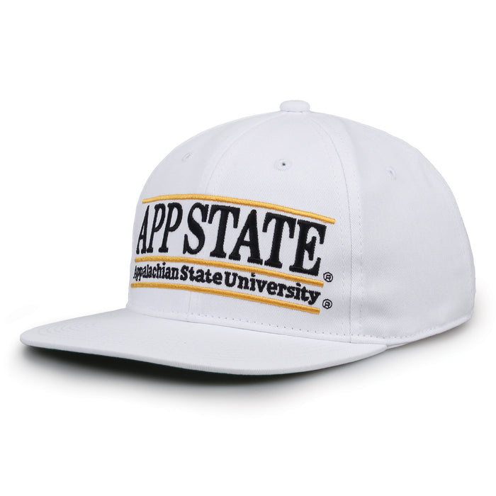 App State Retro Bar snapback hat in white, angled view