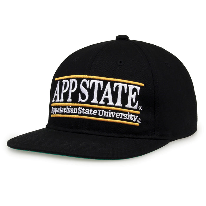 App State Retro Bar snapback hat in black, angled view