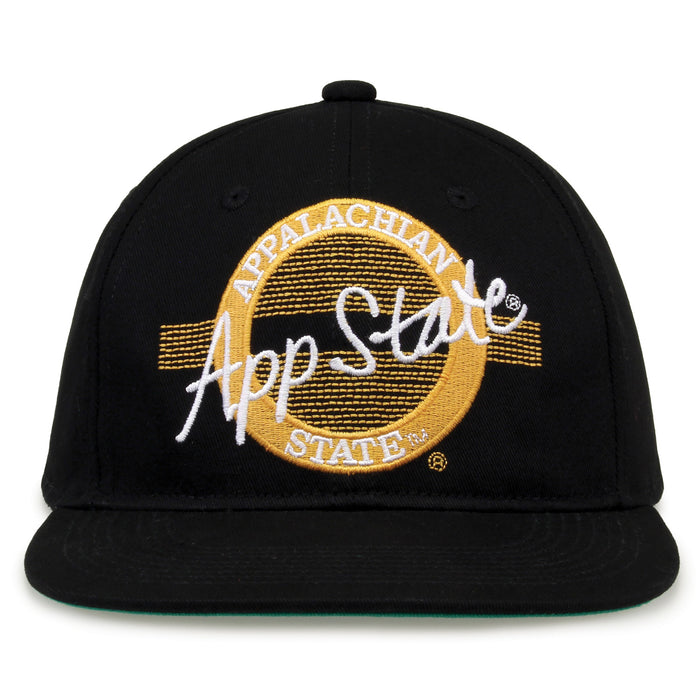 App State Retro Circle snapback hat in black, front view