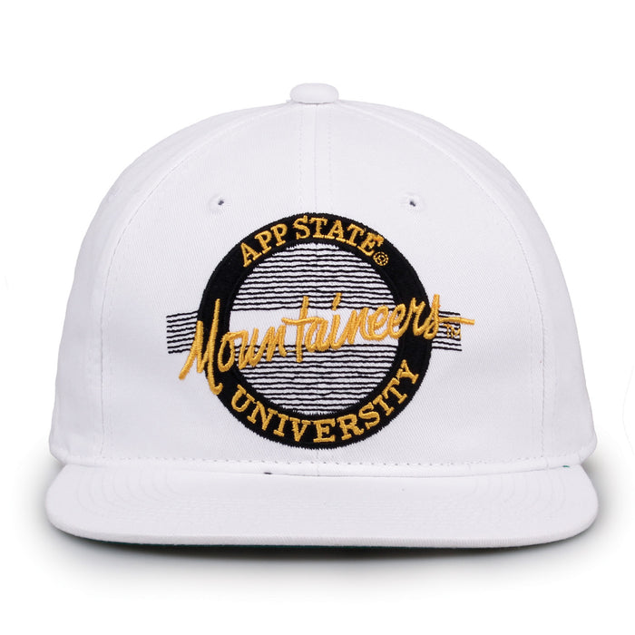 App State Retro Circle snapback hat in white, front view