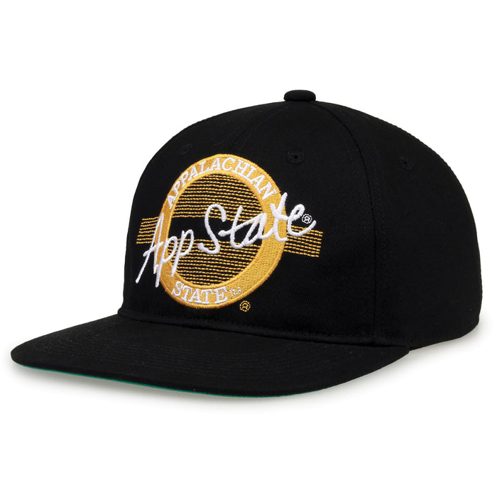App State Retro Circle snapback hat in black, angled view
