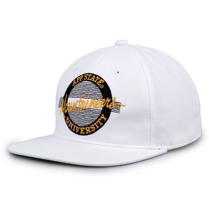 App State Retro Circle snapback hat in white, angled view