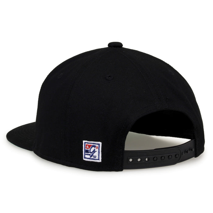 App State Retro Circle snapback hat in black, rear view showing the adjustable snap closure