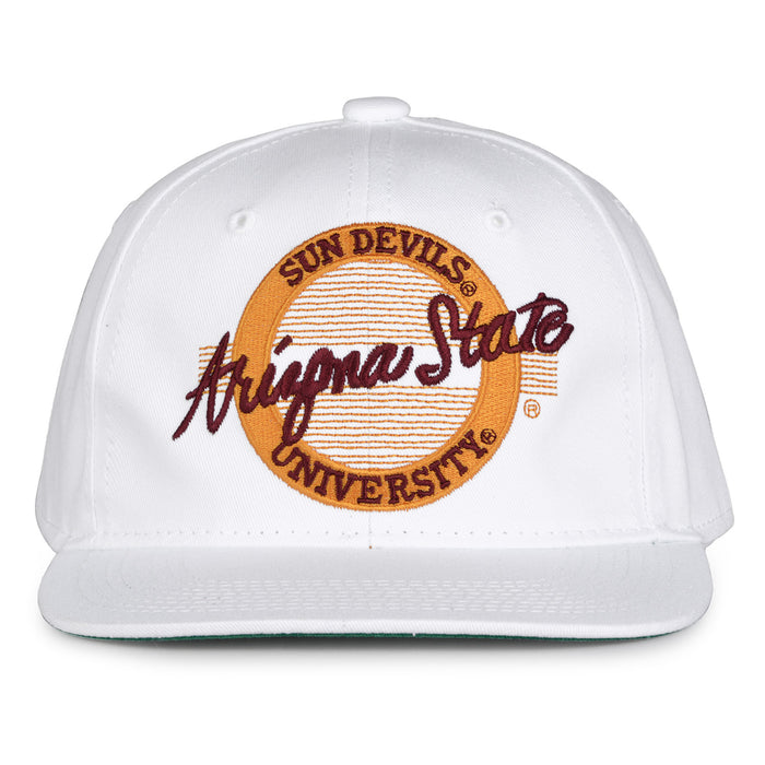 Arizona State Retro Circle snapback hat in white, front view