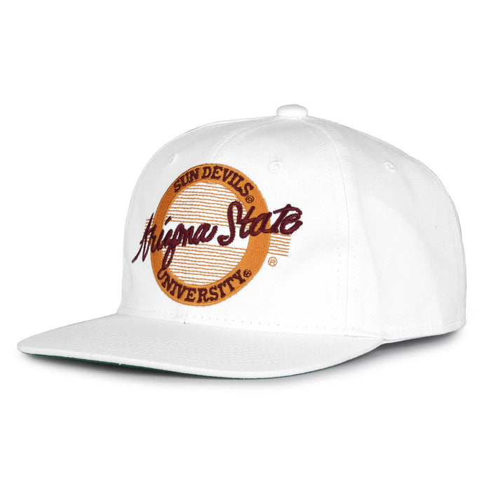 Arizona State Retro Circle snapback hat in white, angled view