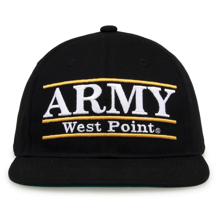 Army Retro Bar snapback hat in black, front view
