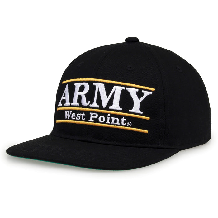 Army Retro Bar snapback hat in black, angled view