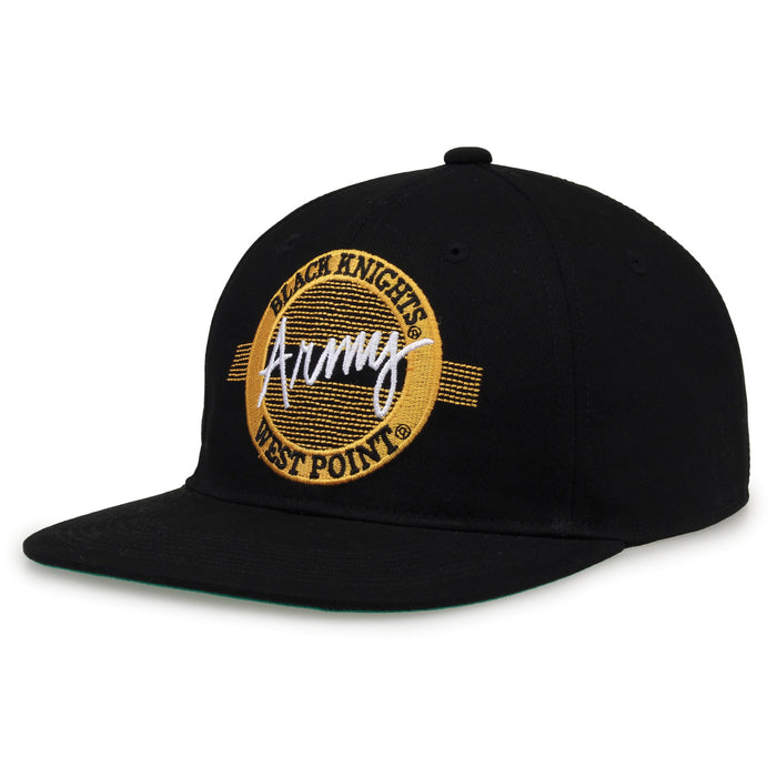 Army Retro Circle snapback hat in black, angled view