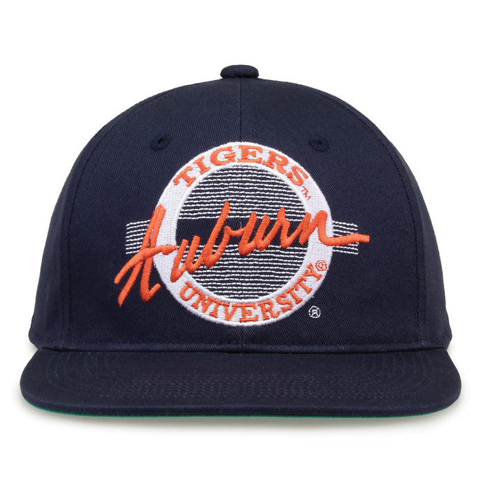 Auburn Retro Circle snapback hat in navy, front view