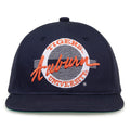 Auburn Retro Circle snapback hat in navy, front view