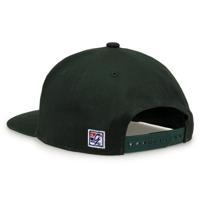 Baylor Retro Bar snapback hat in dark green, rear view showing the adjustable snap closure