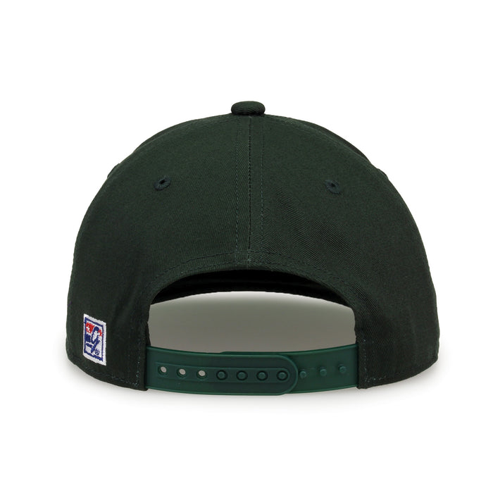 Baylor Retro Bar snapback hat in dark green, straight rear view showing the adjustable snap closure
