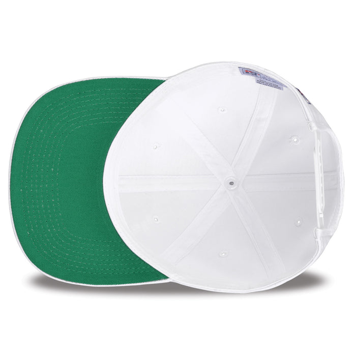 Baylor Retro Circle snapback hat in white, interior view showing the green undervisor