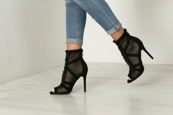 Black Mesh Lace-Up Stiletto Ankle Boots - Peep Toe Cross-Tied Statement Heels