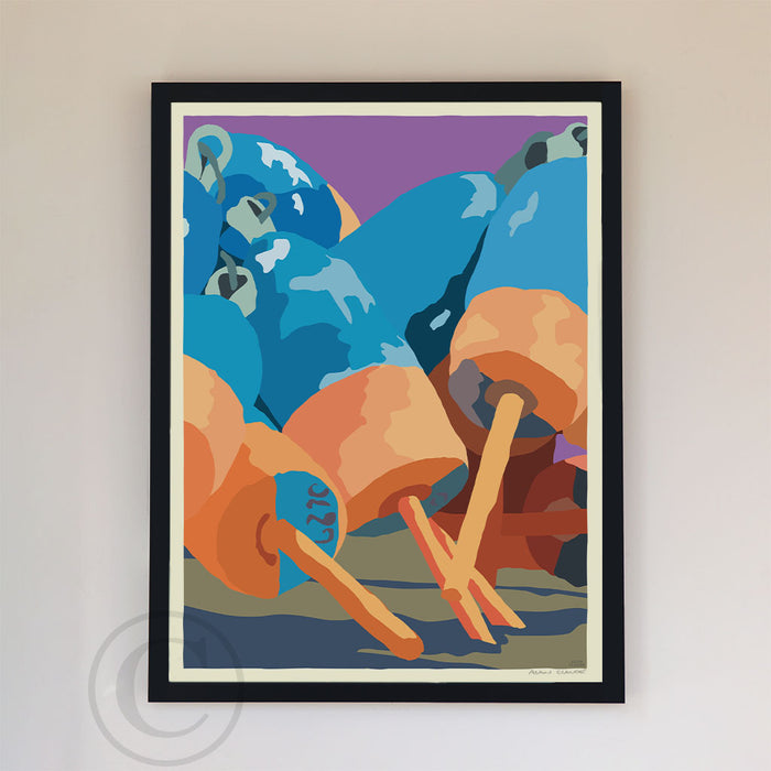 Blue & Orange Lobster Buoys Art Print 18" x 24" Framed Wall Poster By Alan Claude - Maine