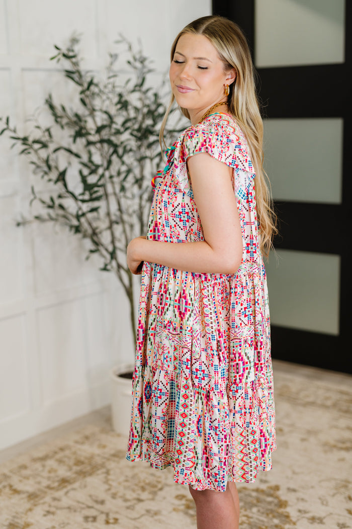 Boho and Behold Flutter Sleeve Dress in Blush/Fuchsia/Mint