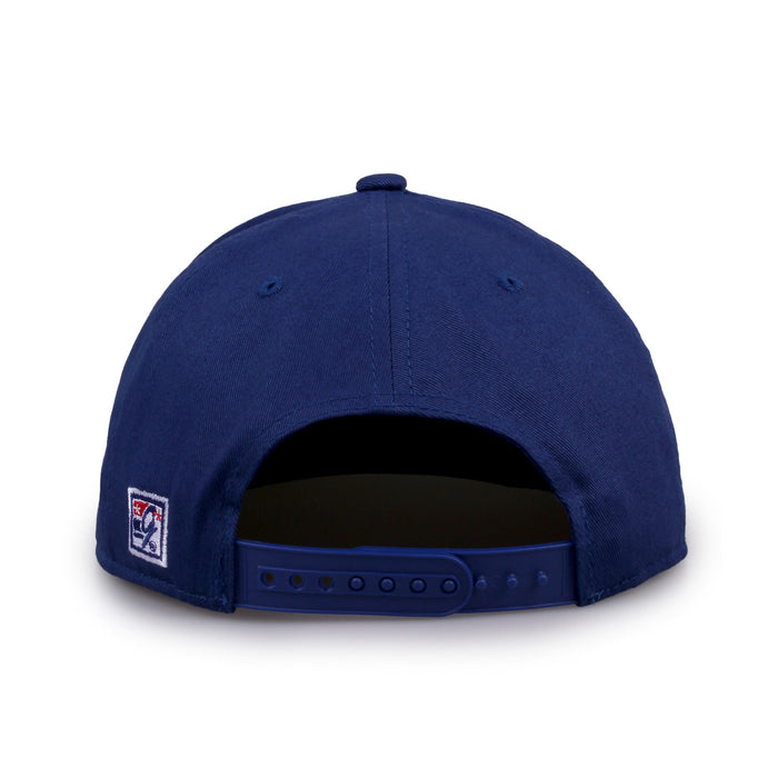 Boise State Retro Bar snapback hat in royal blue, straight rear view showing the adjustable snap closure