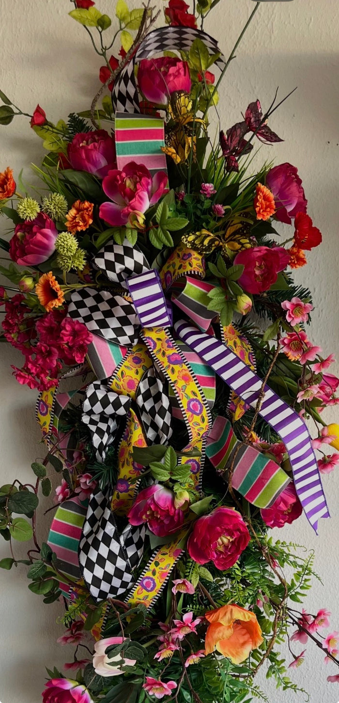Butterfly Summer Large Peony Swag Harlequin Ribbon Bright Pink, Orange, Purple, Yellow Swag
