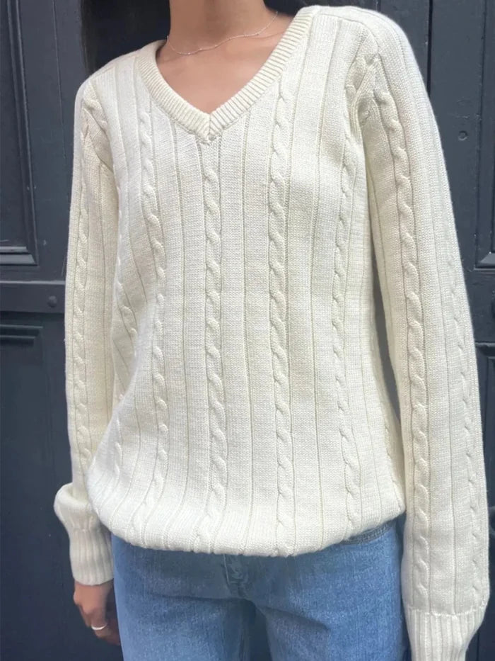 Cable Knit V - Neck Pullover Sweater - The PM Edit