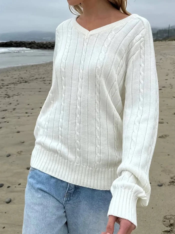 Cable Knit V - Neck Pullover Sweater - The PM Edit