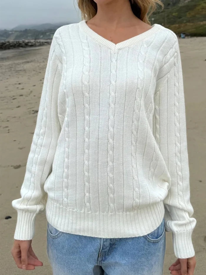 Cable Knit V - Neck Pullover Sweater - The PM Edit