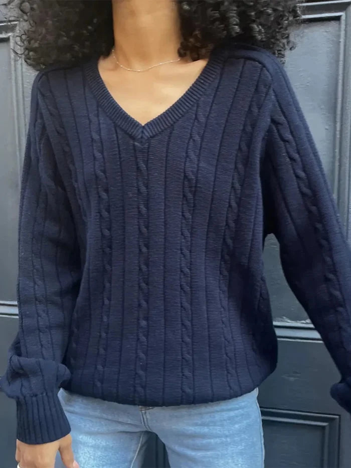 Cable Knit V - Neck Pullover Sweater - The PM Edit