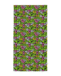 Patterned fabric with colorful design on a white background