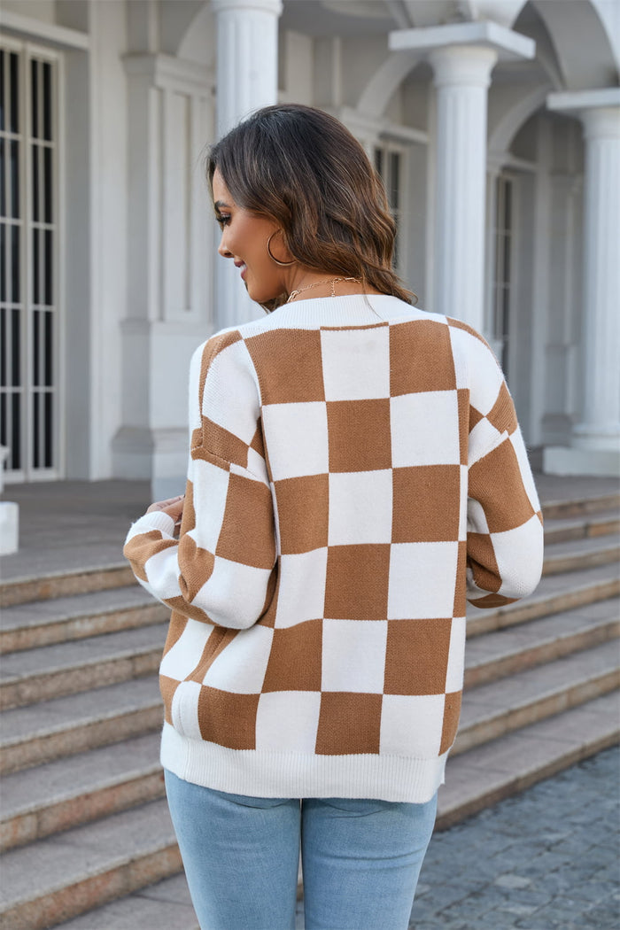 Checkered Drop Shoulder Button-Down Cardigan