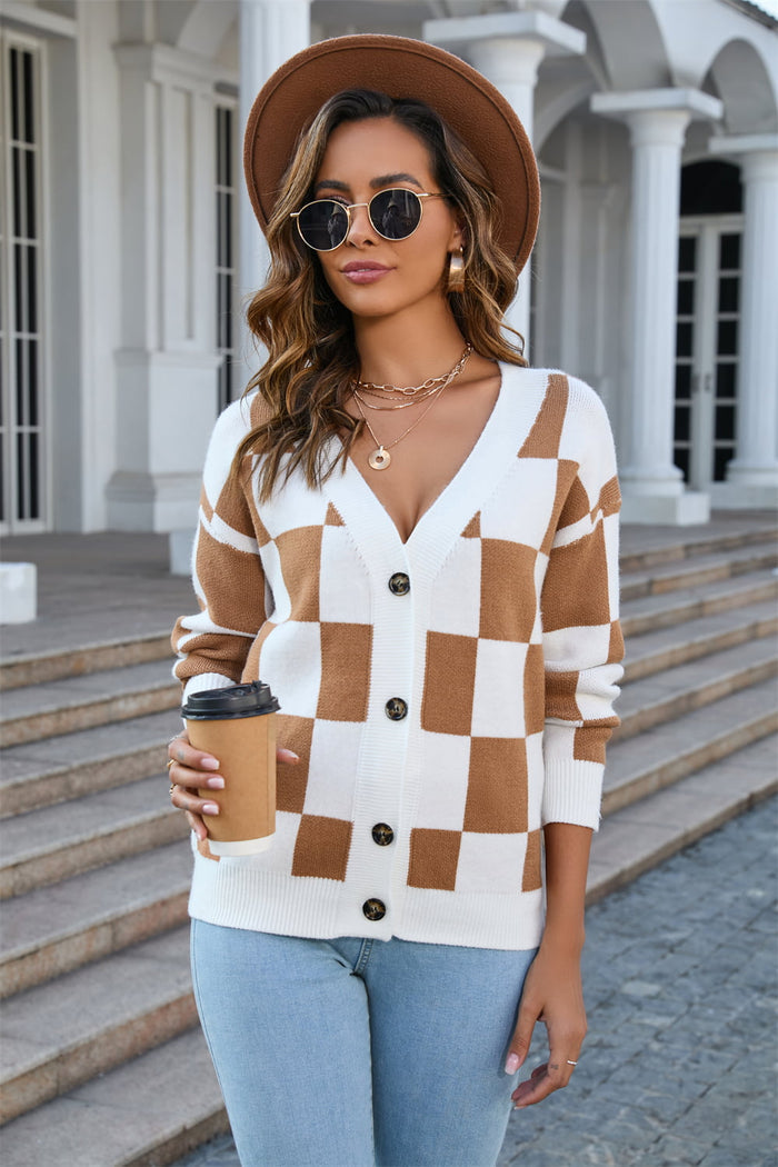 Checkered Drop Shoulder Button-Down Cardigan