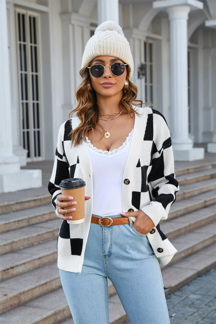 Checkered Drop Shoulder Button-Down Cardigan