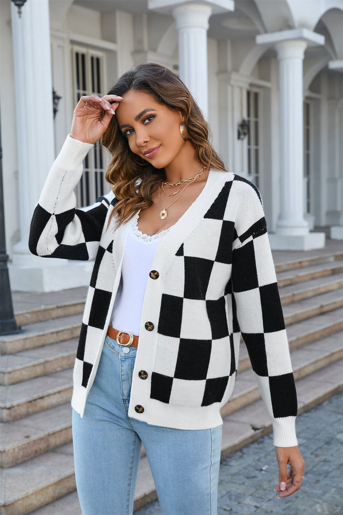 Checkered Drop Shoulder Button-Down Cardigan