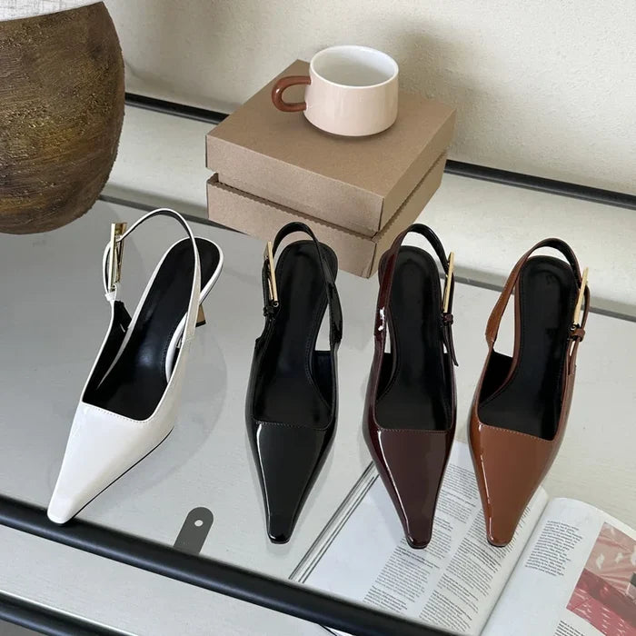 Chic Pointed Toe Strappy Pumps – Elegant Footwear in Red, White, Black & Brown