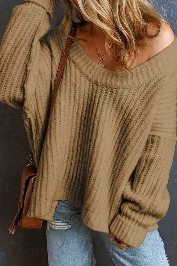 Chunky Ribbed V-Neck Dropped Shoulder Sweater