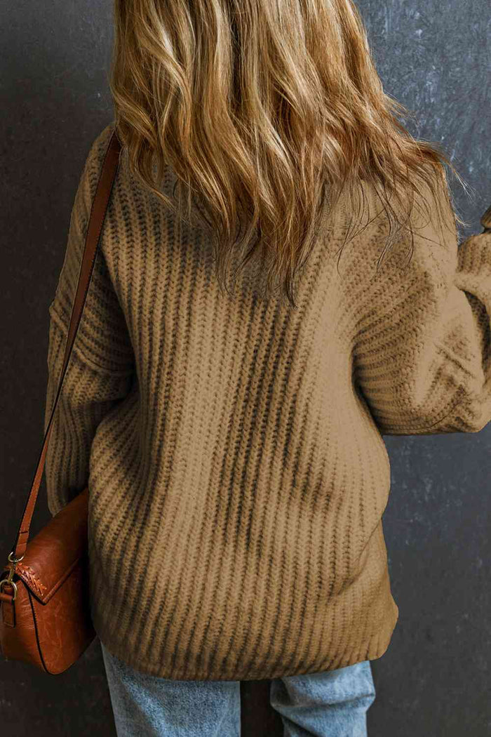 Chunky Ribbed V-Neck Dropped Shoulder Sweater