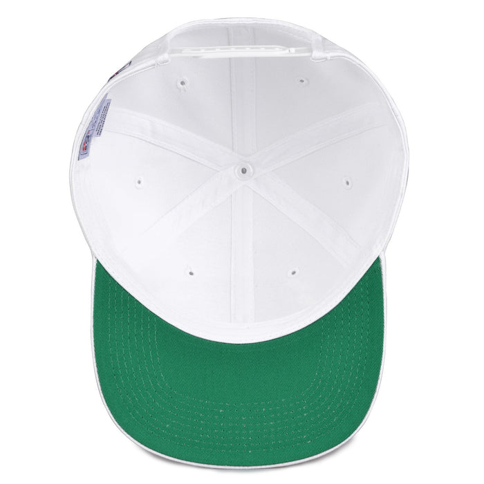 Clemson Retro Circle snapback hat in white, interior view showing the green undervisor