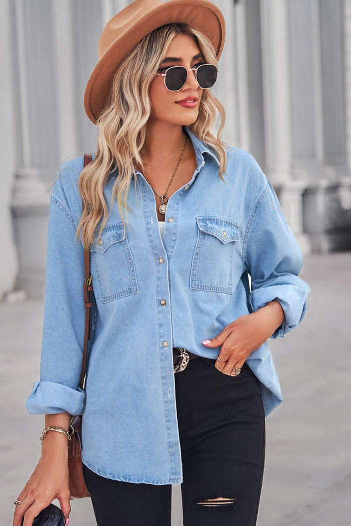 Collared Neck Dropped Shoulder Button-Up Top