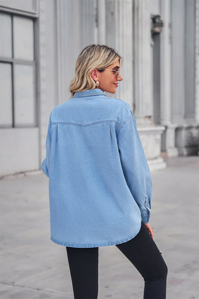 Collared Neck Dropped Shoulder Button-Up Top